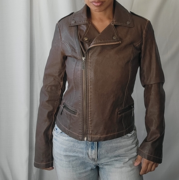 Mavi Chocolate Brown Faux Leather Moto Western Jacket - Picture 4 of 11
